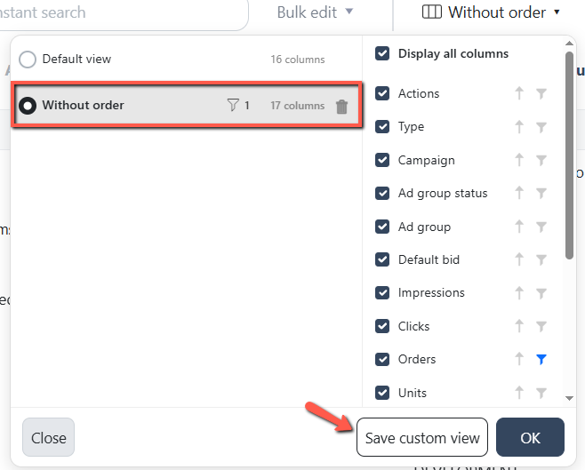 Save the view of filtered & sorted columns