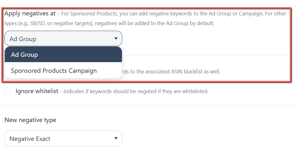Campaign Level Negation Rule Option For Negating Keywords Generated from Product Targeting Campaigns