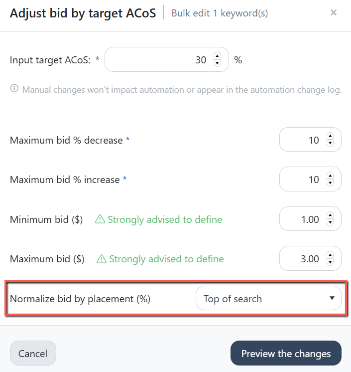 Add "Normalize bid by placement" when manually updating bids on Ads Insights - Performance page