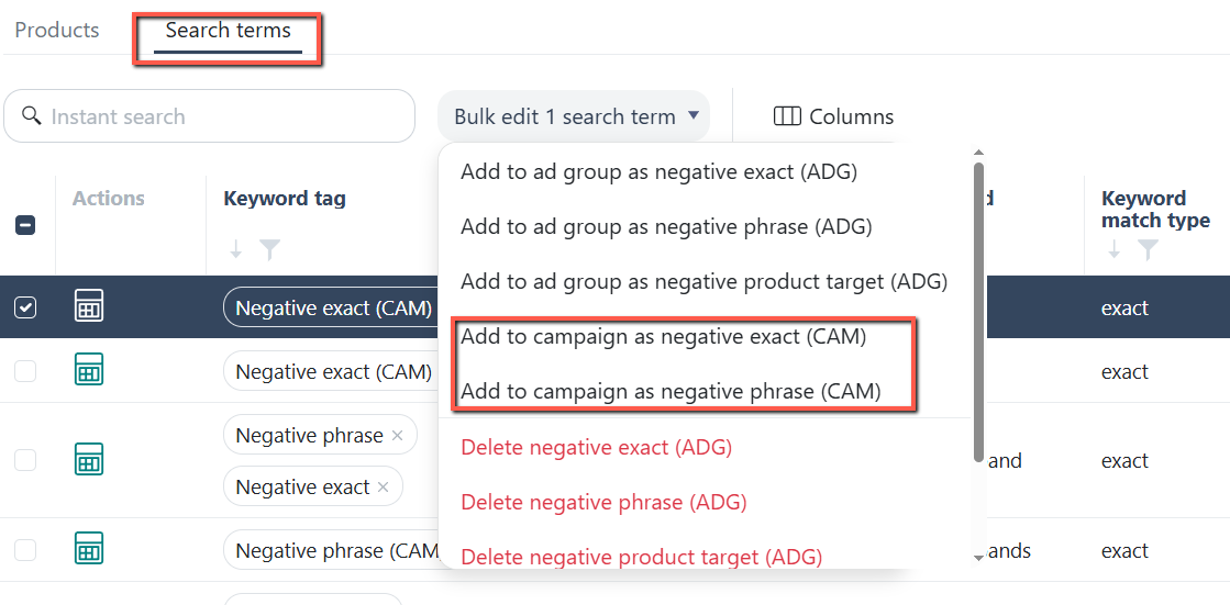 Campaign Level Negation Rule Option For Negating Keywords Generated from Product Targeting Campaigns