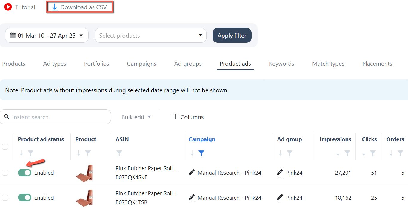 Add Bulk SKU management (switch on/off) under Performance Tab for SP Ads to allow for complete control over campaign levers replacing SS.