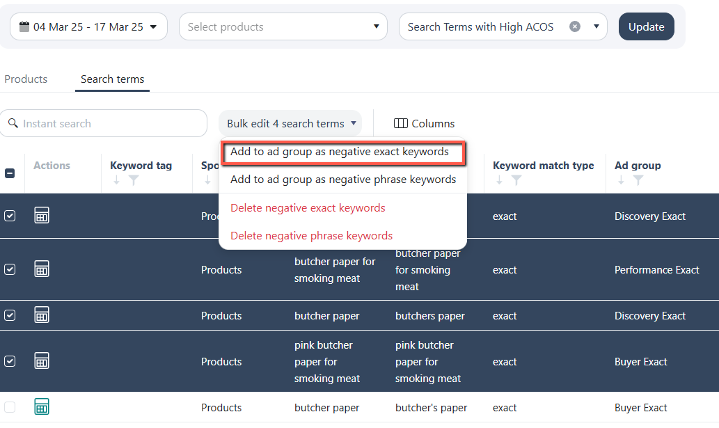 Manually negate search terms from Ads Insights