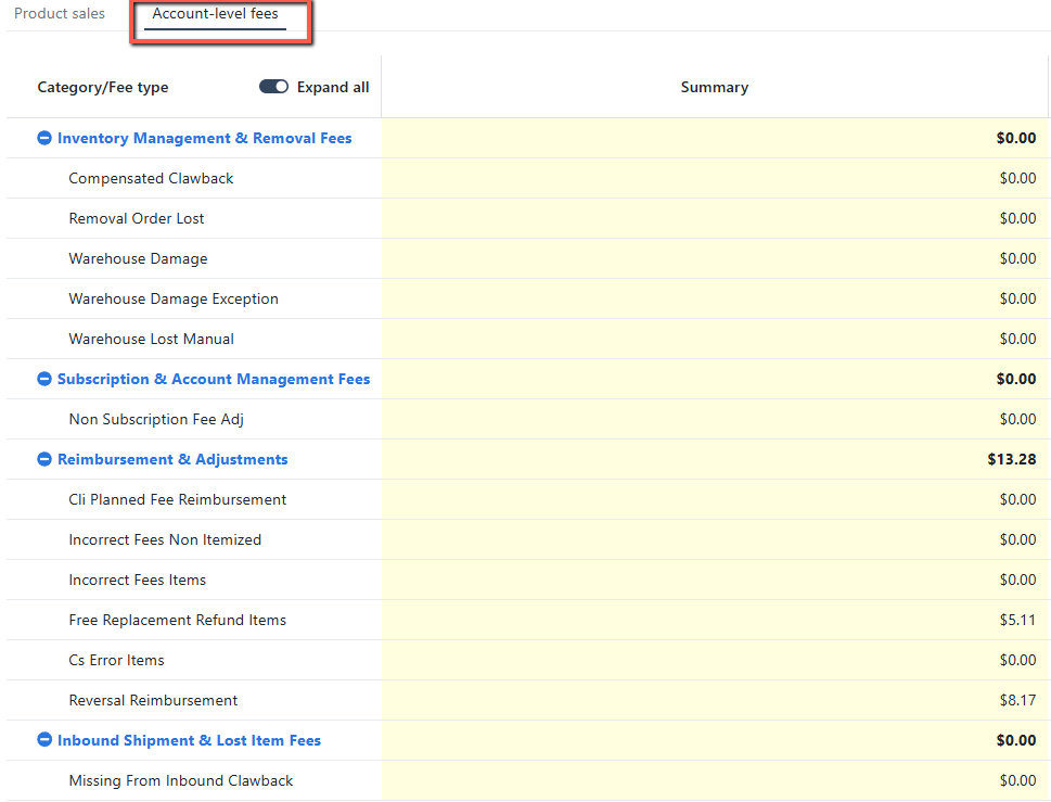 Account level fees on dashboard